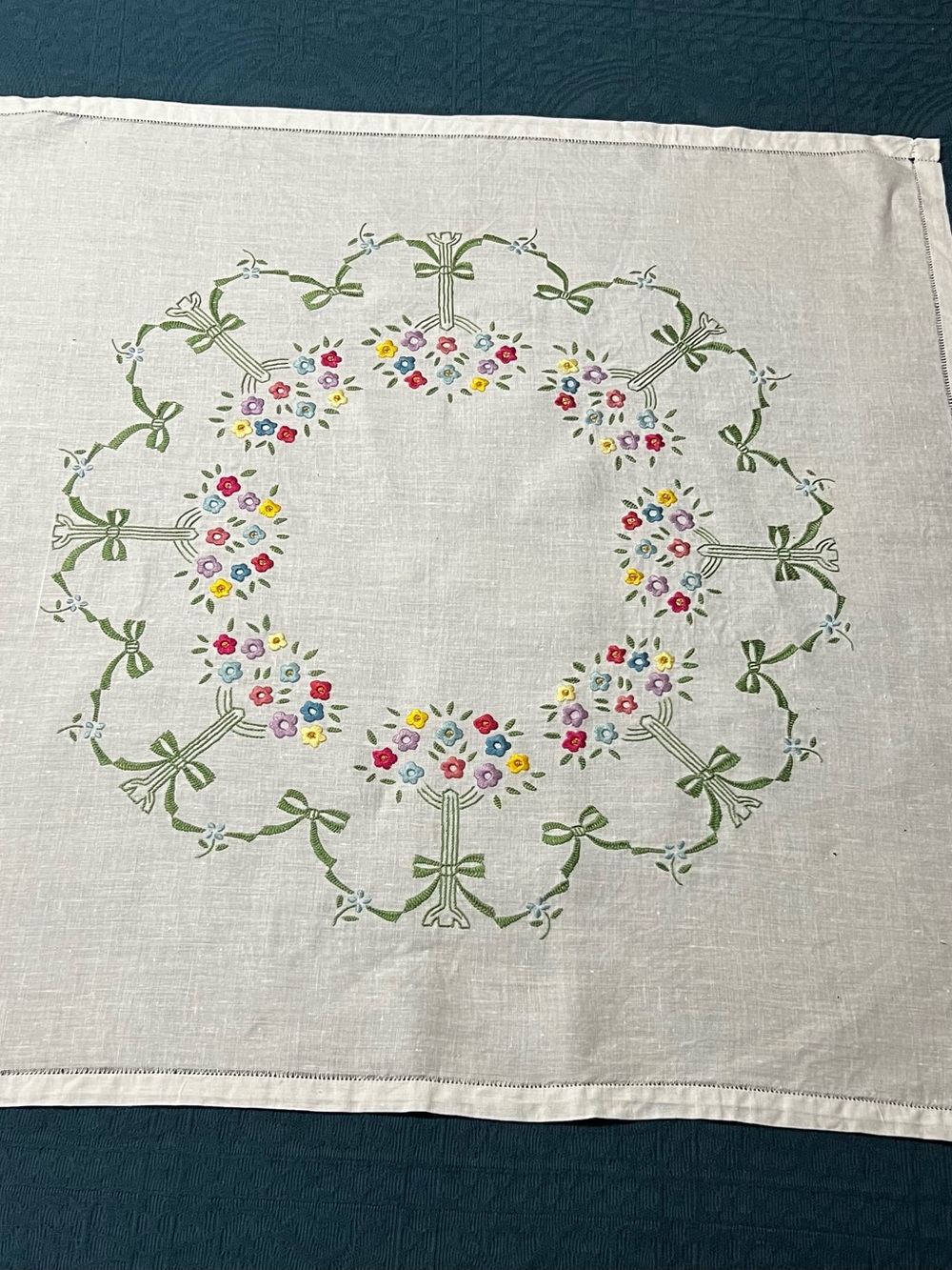 Hand Crafted Antique Vintage Linen Table 32”Square Embroidered Floral Wreath